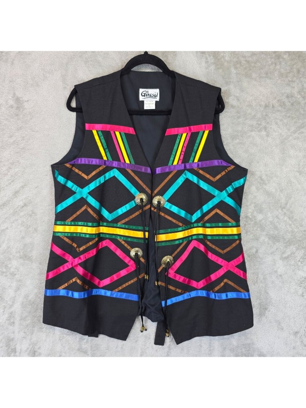 Vintage Girasol Vest Womens XL Black Multicolor Mexican Beaded Cotton Western